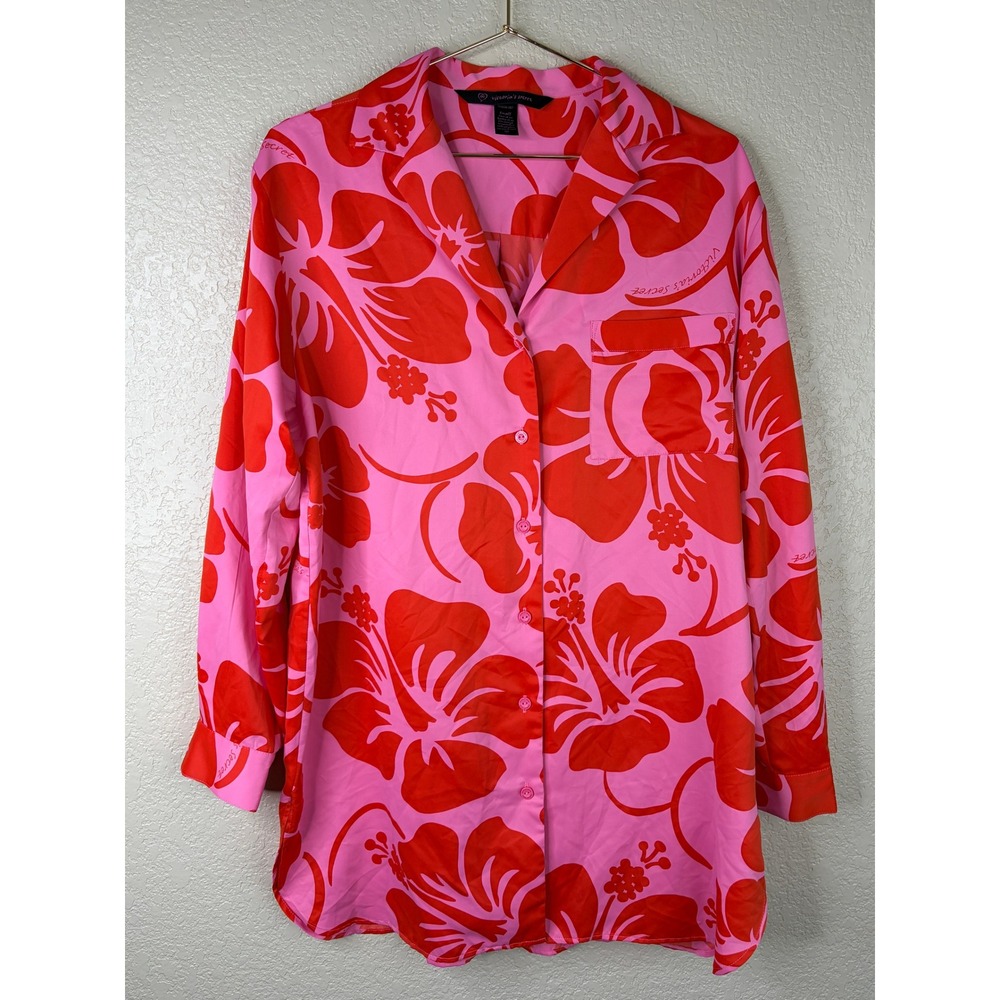 Victoria's Secret Satin Pajama Shirt Sleepshirt Hawaiian Hibiscus Floral Small